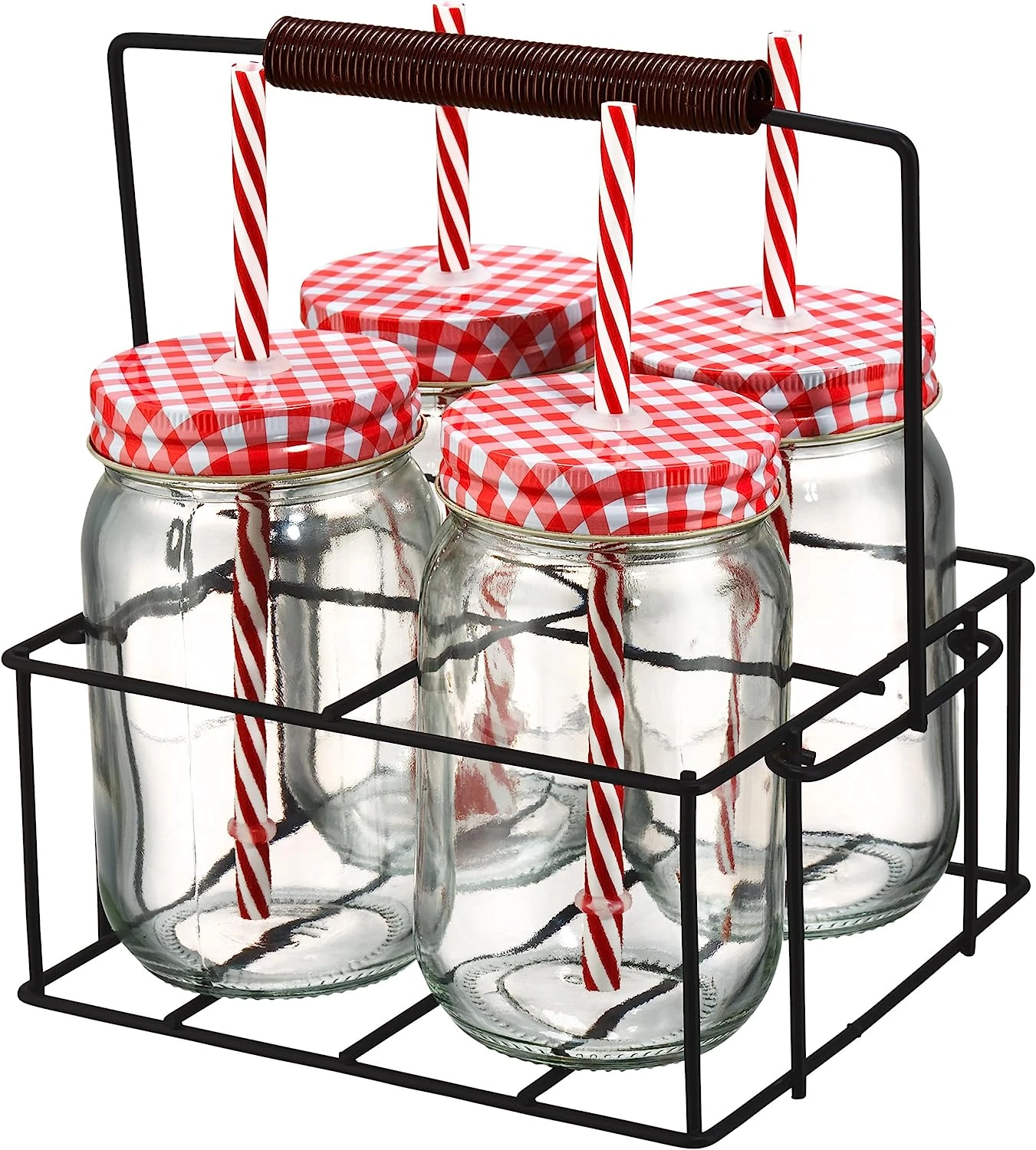 Artland Gingham Sipper Jar Set With Square Metal Caddy, Clear 3 Artland Gingham Sipper Jar Set With Square Metal Caddy, Clear