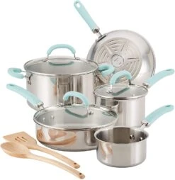 Rachael Ray Create Delicious Stainless Steel Cookware Set, 10-Piece Pots And Pans Set, Stainless Steel With Silicone Handles