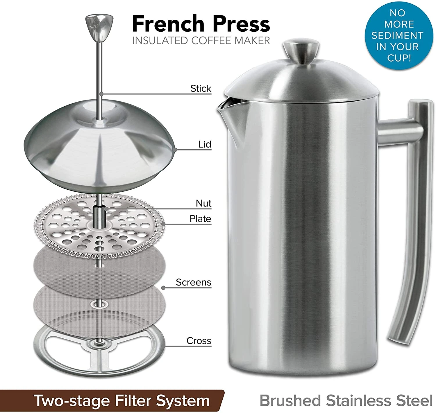 Frieling Double-Walled Stainless-Steel French Press Coffee Maker, Brushed 4 Frieling Double-Walled Stainless-Steel French Press Coffee Maker, Brushed - Image 2