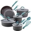 Rachael Ray Cucina Hard Anodized Nonstick Cookware Pots And Pans Set, 12 Piece, Gray With Blue Handles 2 Rachael Ray Cucina Hard Anodized Nonstick Cookware Pots And Pans Set, 12 Piece, Gray With Blue Handles -Shop Kitchen Cliques 87641