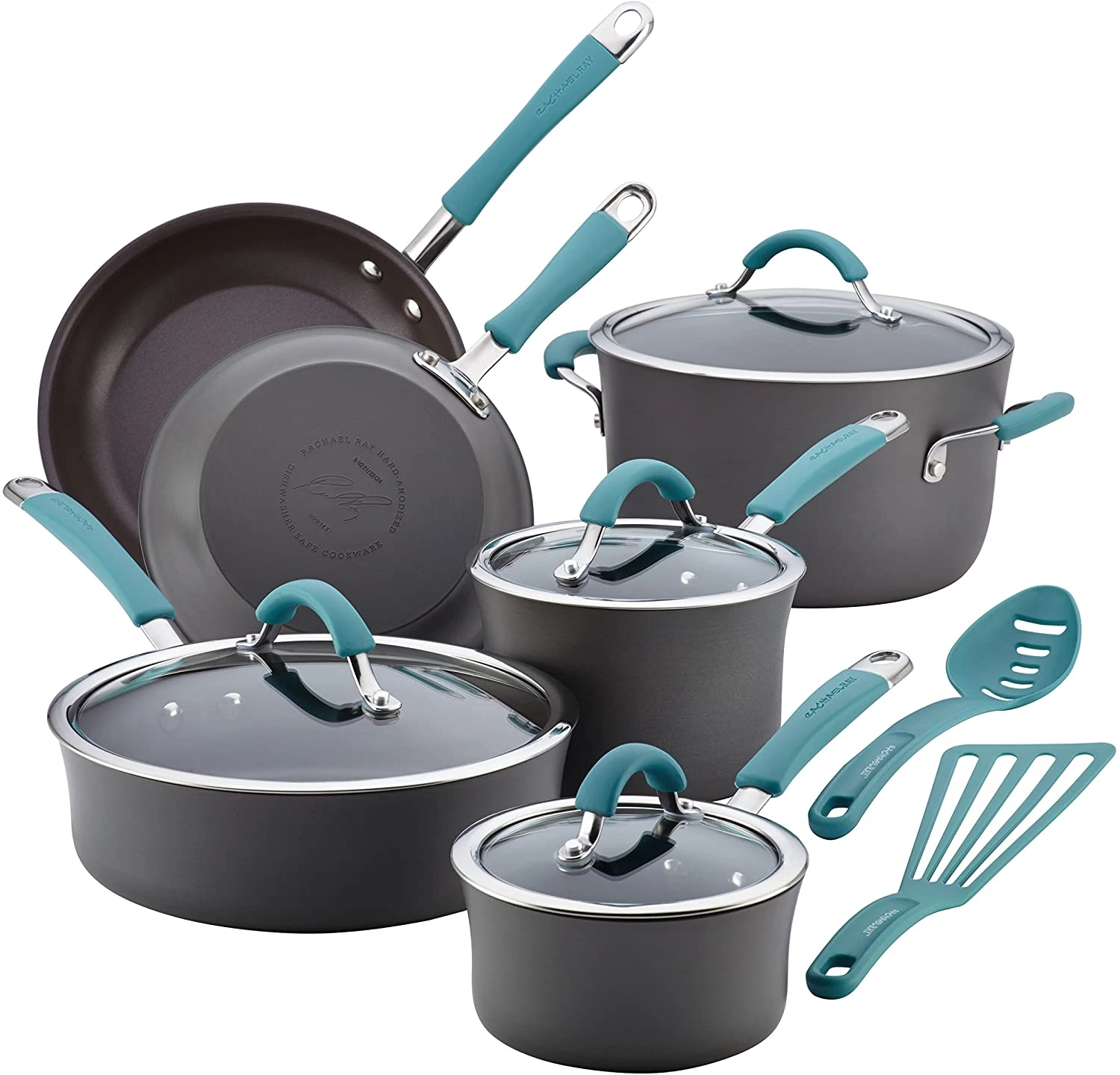 Rachael Ray Cucina Hard Anodized Nonstick Cookware Pots And Pans Set, 12 Piece, Gray With Blue Handles 3 Rachael Ray Cucina Hard Anodized Nonstick Cookware Pots And Pans Set, 12 Piece, Gray With Blue Handles