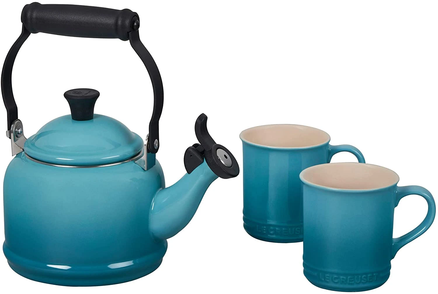 Le Creuset Enamel On Steel Demi Kettle & Stoneware Set Of 2 Mugs, 1.25 Qt. Kettle & (2) 14 Oz. 3 Le Creuset Enamel On Steel Demi Kettle & Stoneware Set Of 2 Mugs, 1.25 Qt. Kettle & (2) 14 Oz.