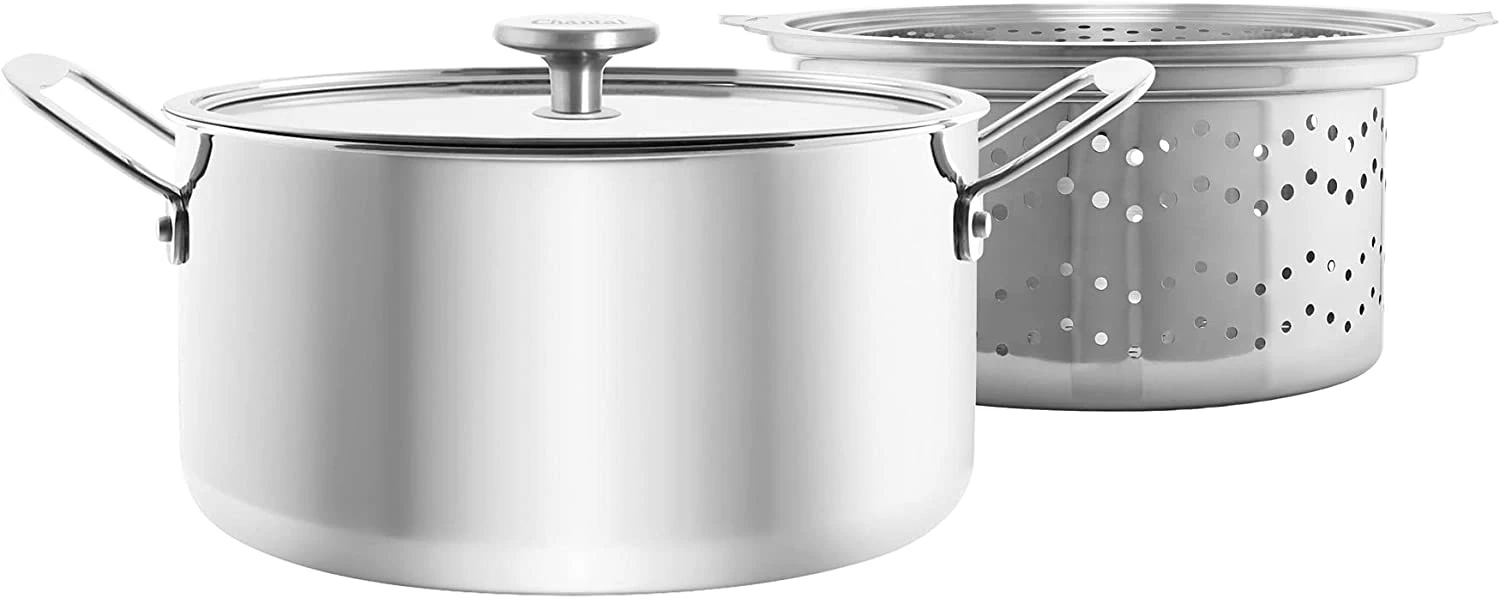 Chantal 3.Clad Tri-Ply 7 Quart Stockpot With Pasta-Steamer Insert, Polished Stainless Steel, Tempered Glass Lid 3 Chantal 3.Clad Tri-Ply 7 Quart Stockpot With Pasta-Steamer Insert, Polished Stainless Steel, Tempered Glass Lid